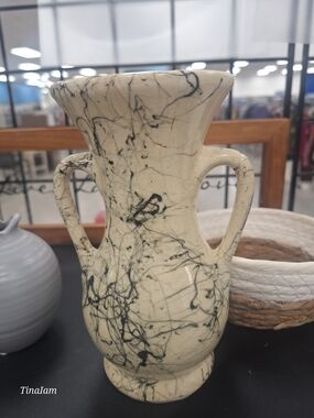 McCoy Cream and Black Marble-Effect Double-Handled Vase